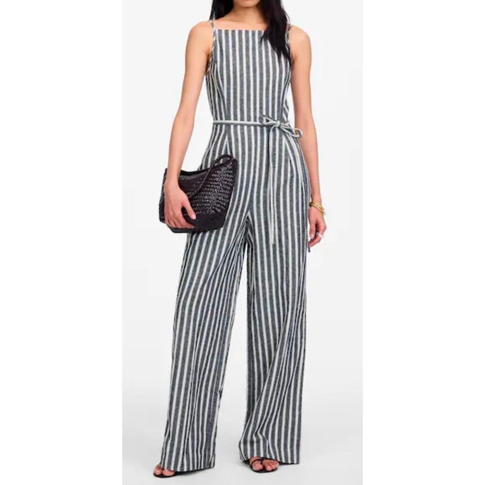 Madewell Pleated Wide-Leg Jumpsuit in Pinstripe Linen Size 12 NWT
